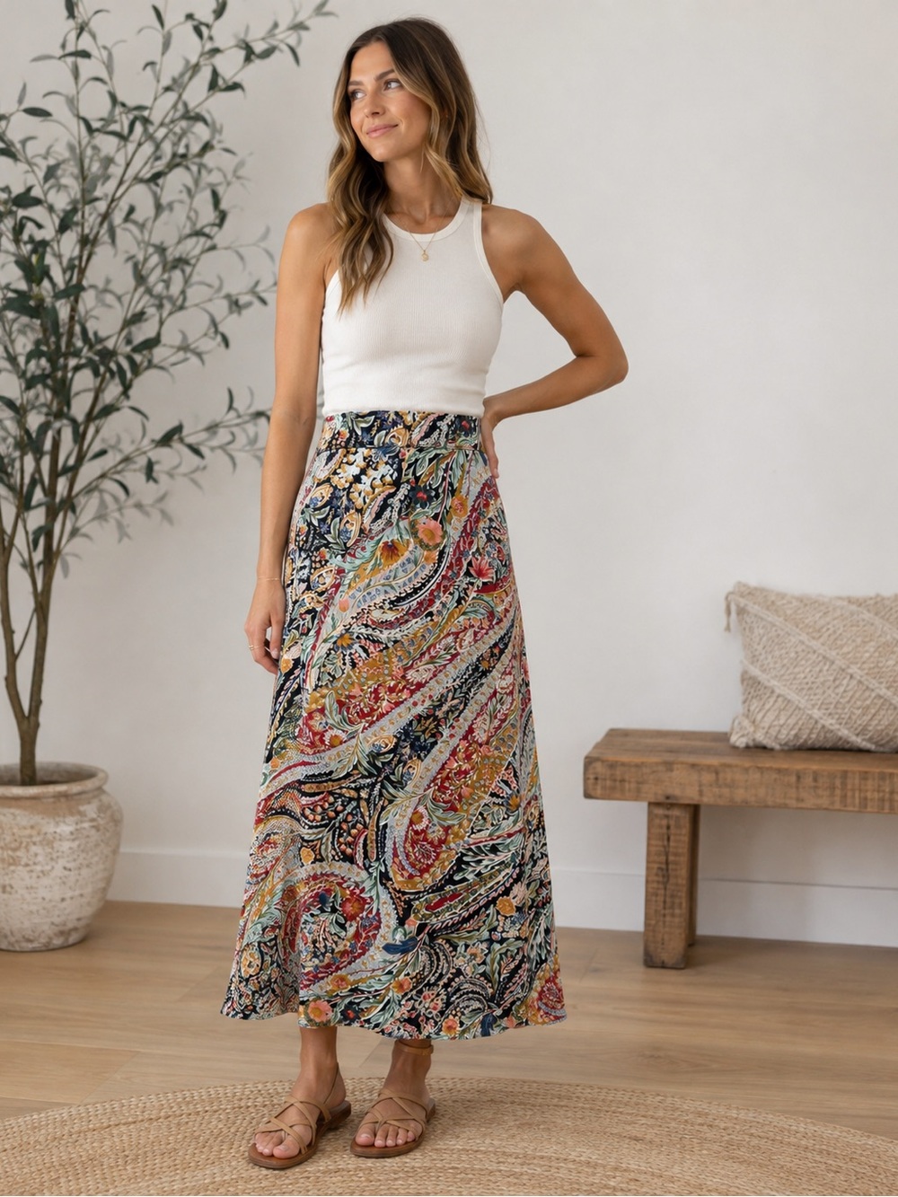 Vince Camuto Paisley Midi Skirt Women Large L Tapestry Chiffon Lined Casual Chic